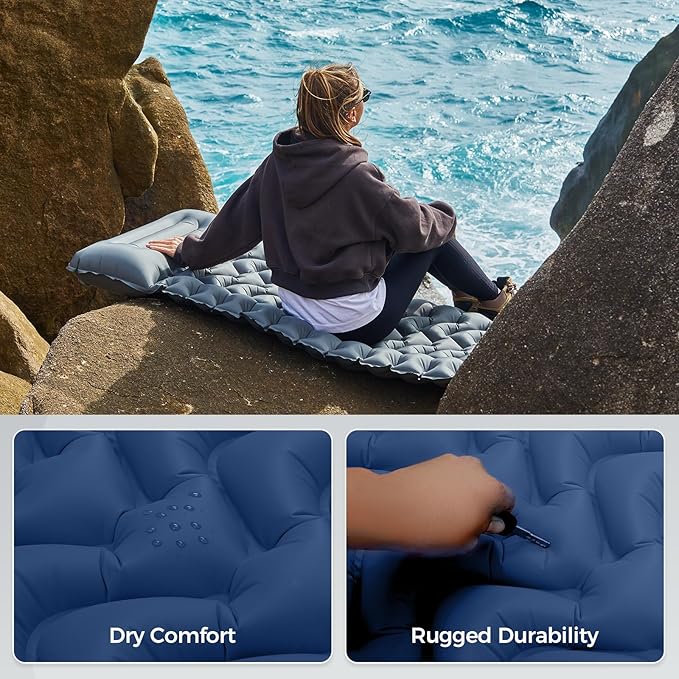 KingCamp Sleeping Pad for Camping, Ultralight Connectable Inflatable Sleeping Pad Camping Mattress with 6.3" Built-in Pillow & Foot Pump for Backpacking Hiking Tent Cot