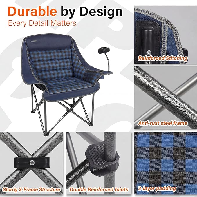 Oversized Camping Chairs for Adults- Heavy Duty Extra Large Lawn Chair,Folding Comfy Padded Camp Chair for Outdoor Sports Garden Beach Fishing,Wide&Thick,Blue Plaid