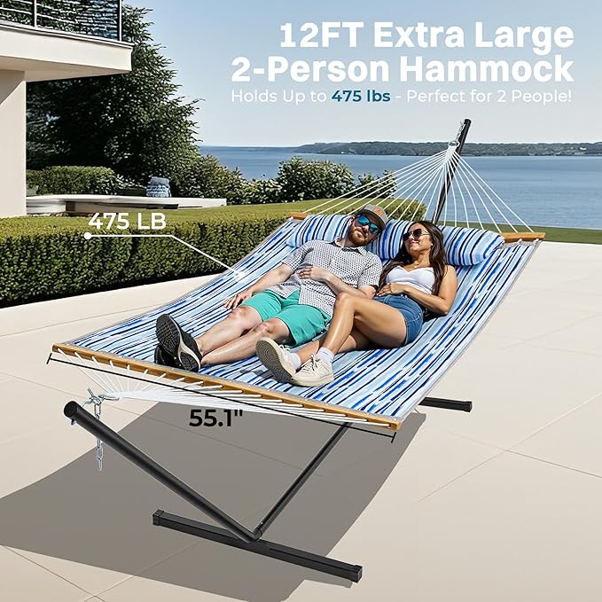 SUPERJARE Hammock with Stand, 2 Person Quilted Outdoor Hammock, Detachable Pillow & Bamboo Spreaders, Portable Hammock with Carrying Bag, Heavy Duty Stand, Perfect for Outside, Patio, Graffiti Blue
