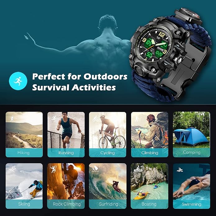 Mens Tactical Military Digital Watch, 23-in-1 Survival Multi-Functional Army Outdoors Waterproof Camouflage Sports Watches Dual Display Analog LED Electronic Wristwatches with Compass Paracord Band
