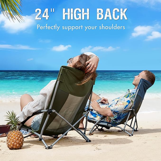 Portal Beach Chairs for Adults Camping Low Lightweight Portable Chair with Cup Holder Mesh Back Carry Bag for Outdoor Sand Lawn Travel Picnic Festival Concert