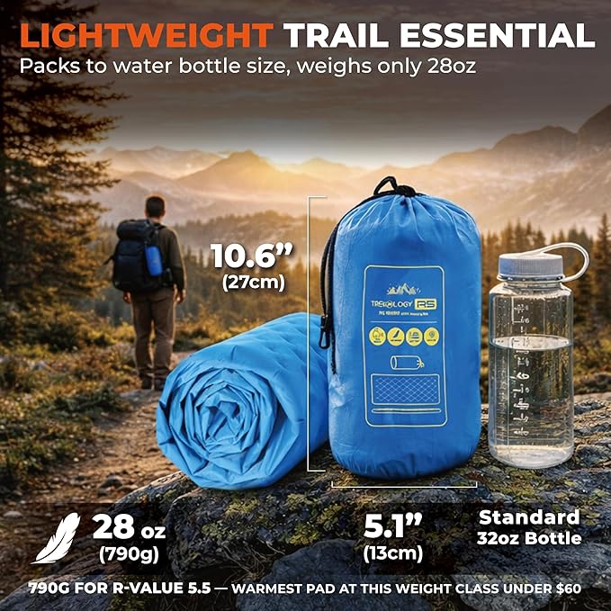 Trekology Insulated Sleeping Pad Backpacking Ultralight - SGS-Certified 5.5 High R Value Mat, 4" Thick 75x25” Wide Rectangular Mattress for Camping, 150kg Capacity, 28oz, ALUFT R5