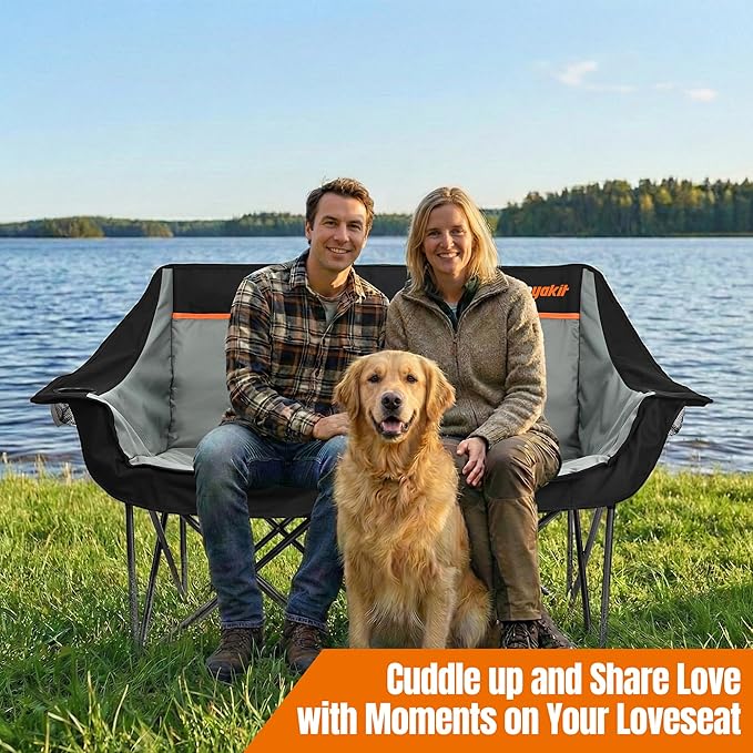 Heavy Duty Double Camping Chair 600LBS Capacity, Fully Padded Folding Camping Chairs Loveseat, Big Oversize Outdoor Patio Lawn Chair with Arm Cup Holder for Camping, Fishing, Beach