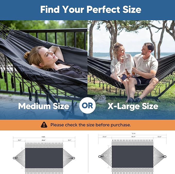SUNCREAT Extra Large Double Hanging Hammock for Camping, Hammocks for Outside 2 Person Heavy Duty, Dark Gray with Tassels