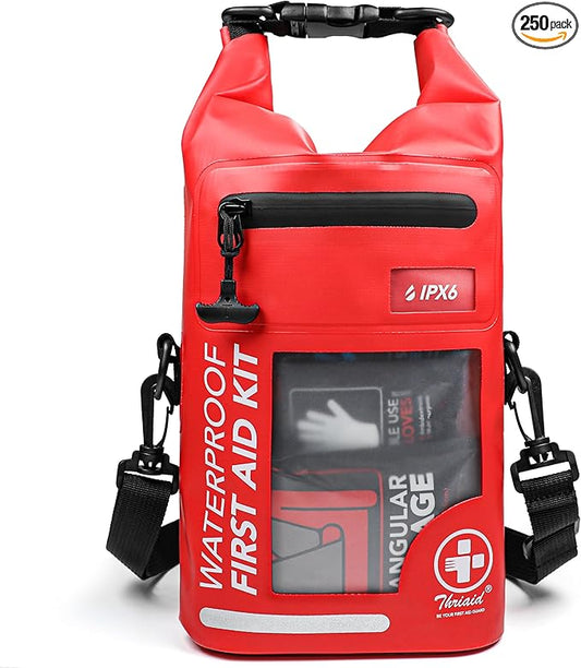 250 PCS Waterproof First Aid Kit, Roll Top Reflective Boat Dry Bag Bug Out Bags, Emergency Medical Kit Ideal for Boating, Camping, Fishing, Kayaking, Floating, Red