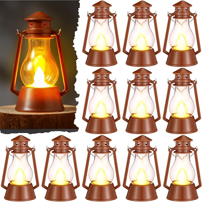 Ferraycle 12 Pcs Mini Lantern for Centerpiece Western Wedding Decor 4 Inch Camping Decorative with LED Candle Vintage Hanging Lantern Ornaments Bulk for Cowboy Cowgirl Xmas Party Decoration (Brown)
