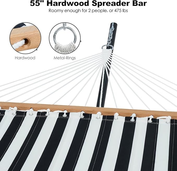 GAFETE 2 Person Hammock with Stand for Outside, Heavy Duty Steel Stand, Double 55inch Hammocks, Large Removable Pillow, Storage Bags, Max 475 lbs Capacity (Stripe Black-White)