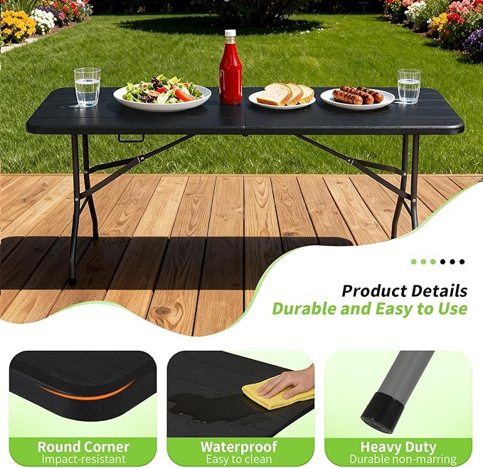 BestOffice 6 FT Picnic Table, Portable Plastic Folding Table with Carrying Handle Perfect for Picnics, Parties, Party and Camping, Black Wood Grain
