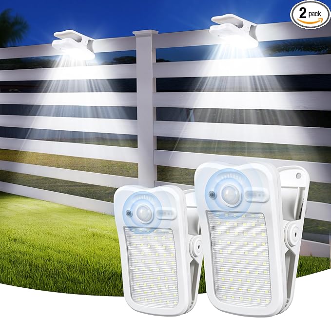Clip on Solar Lights for Fence, 3 Modes Solar Motion Lights Outdoor Waterproof, 60LEDs 500LM Portable Security Light for Fence, Deck, Garage, Camping, USB Charging, 2 White