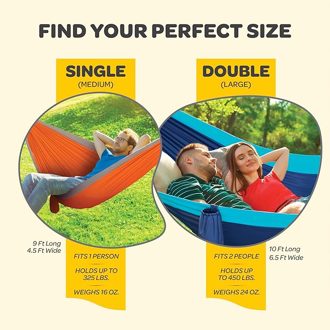 Durable Hammock 400 lb Capacity, Nylon Camping Hammock Chair - Double or Single Sizes w/Tree Straps and Attached Carry Bag - Portable for Travel/Backpacking/Beach/Backyard (Medium, Khaki & Dark Green)