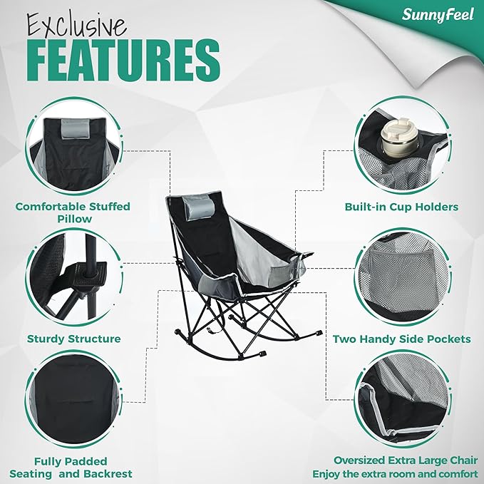 SUNNYFEEL Rocking Camping Chair 2 Pack, Outdoor Oversized Folding Lawn Chair with Pocket, Heavy Duty for Outdoor/Picnic/Lounge/Patio, Portable Camp Rocker Chairs with Carry Bag