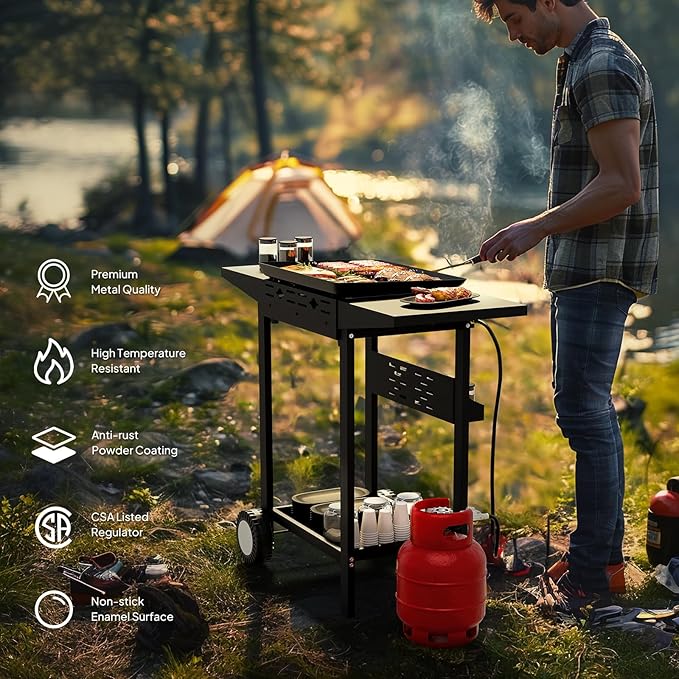ROVSUN 2 Burner Portable Propane Griddle with Nonstick Enameled Tray, 20000 BTU Rolling Flat Top Gas Grill with Electronic Ignition, Side Shelves & Regulator for Outdoor Cooking Camping BBQ Tailgating