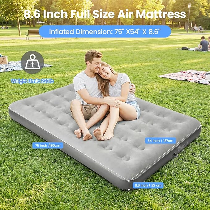 Air Mattress Full with Hand Pump, 8.6'' Ultra-Light Inflatable Bed, 220lb Support Waterproof Sleeping Pad for Tent Camping, Hiking & Home