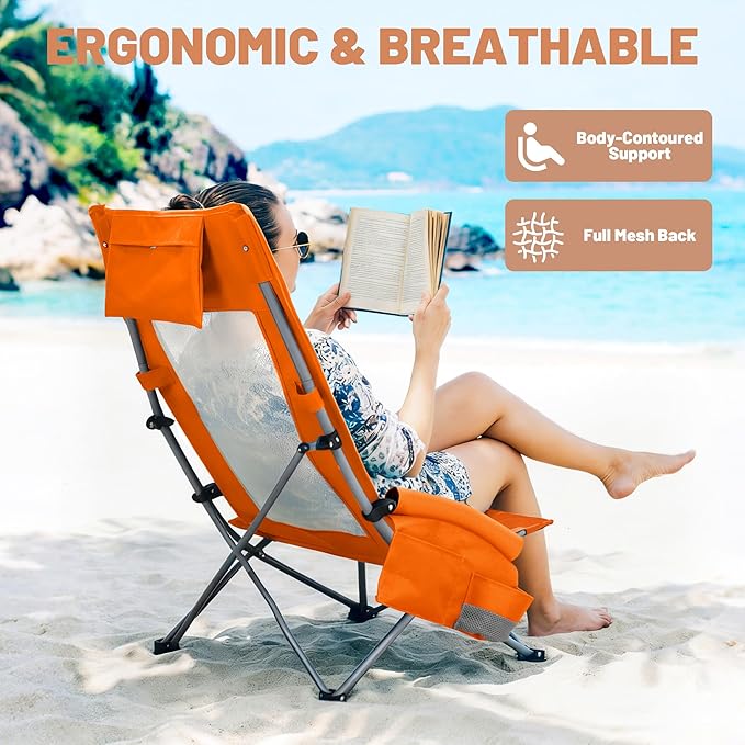 Youtanic High Back Beach Camping Chair 2 Pack, Extra Wide Folding Outdoor Chair with Cooler Bag, Breathable Mesh & Dual-Use Pillow, Portable Lounge Seat for Adults, Sand, Sports, Picnic, Orange