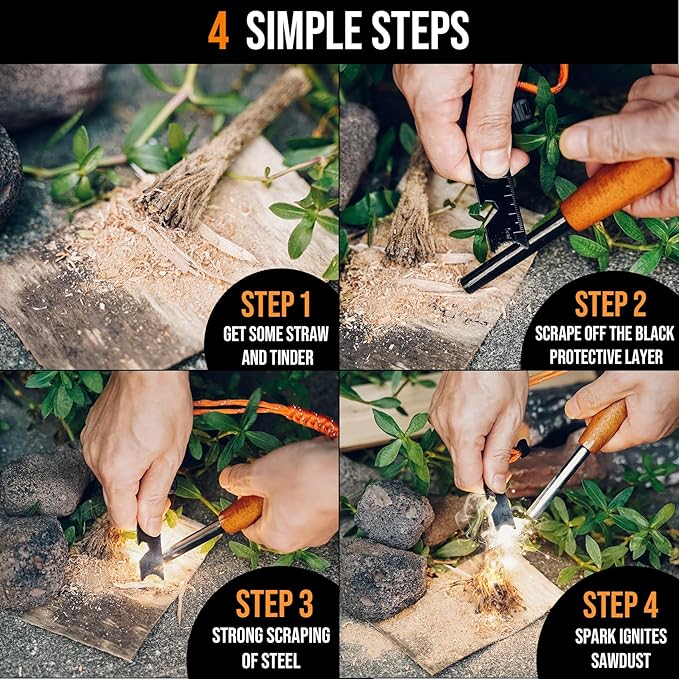 onlyfire Fire Starter Survival Tool, Ferro Rod Kit with Tinder Wick, Pouch, Waterproof Flint and Steel Fire Starter for Camping, Hiking and Backpacking Gear