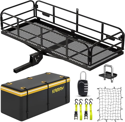 KAIRAY 500 Lbs Heavy Duty Hitch Mount Cargo Carrier 60"x24"x14.4" Folding Rear Luggage Rack Basket Fits 2" Receiver for Car SUV Camping Traveling with Stablizer Waterproof Bag Net Ratchet Straps Lock