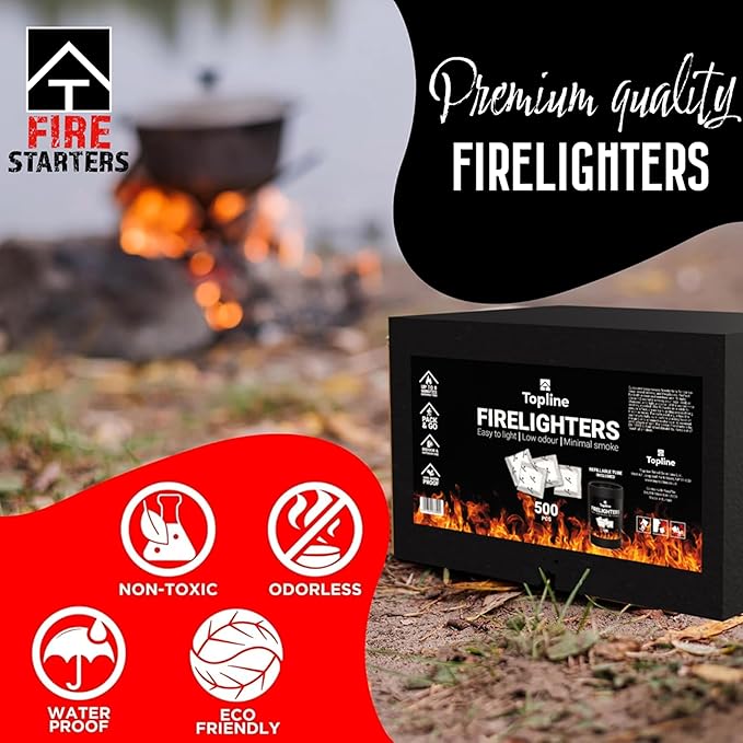 Instant Fire Starter Lighters Multipack - 500 Odourless Firelighter Sachets with Refillable Tube for Wood Burners, Logs, Charcoal BBQ, Open Fires - Waterproof