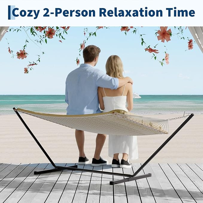 2 Person 12FT Hammocks for Outside, Double Quilted Fabric Outdoor Hammock with Spreader Bar, Large Removable Pillow, Storage Pockets, Carabiners, Max 450 Lbs Capacity