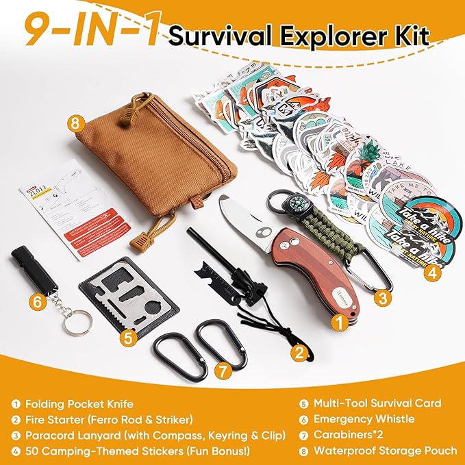 Kids Pocket Knife with Camping Survival Kit, Whistle, Fire Starter, Compass, Carabiners and Carrying Case, Easy Close Safety Lock on Knife. Outdoor Exploration Set for Kids
