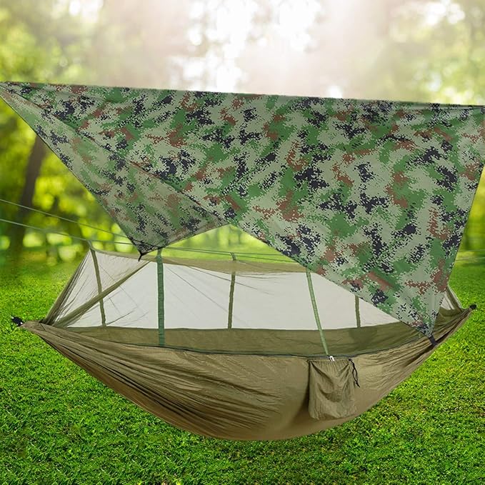 Camping Hammock, Double & Single Portable Hammock with Tree Straps, Lightweight Nylon Hammock Swing Set with Net and Rain Fly Tarp and Pocket for Backpacking Hiking Travel Outdoor(ArmyGreen1)