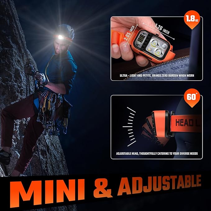 DARKBEAM LED Headlamp High Lumens USB Rechargeable Dual Light Headlight for Hardhat with Motion Sensor, Digital Power Display, Up/Down Adjustable, Waterproof Head Lamps for Camping, Car Maintenance