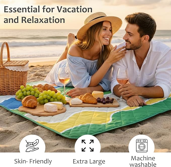 Exclusivo Mezcla Waterproof Picnic Blankets 60x80 Inch, 3 Layer Extra Large, Sandproof and Foldable Outdoor Blanket for Beach Camping, Park and Travel