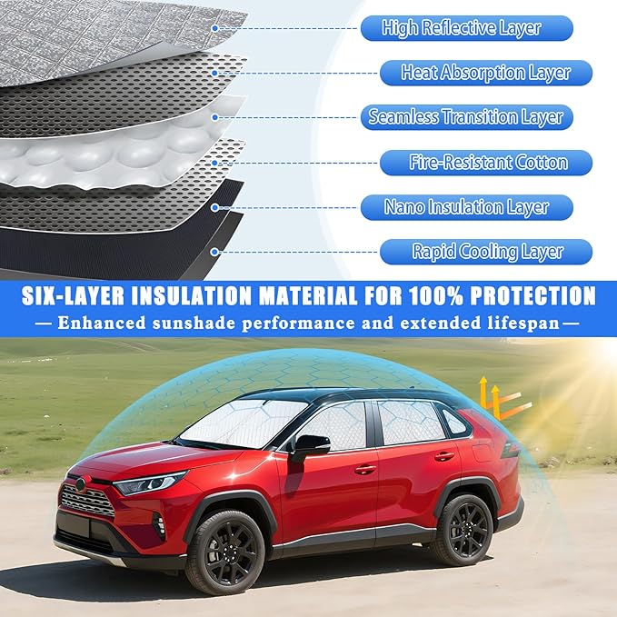 ZATOOTO Car Window Shades for Toyota RAV4 2019-2024, Full Coverage Car Sun Shade for Side Window & Windshield 6-Layer Thickened Ultra-Bright Reflection Extreme Heat Reduction & Blackout Privacy