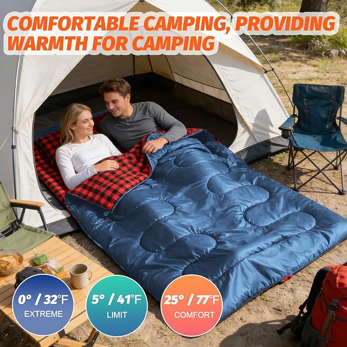 Swtmerry Double Sleeping Bag for Adults with 2 Pillows, Big & Tall Queen Size XL Sleeping Bag for 2 Person, Waterproof & Lightweight Warm for 3 Seasons, Cold Weather,Camping, Hiking & Backpacking