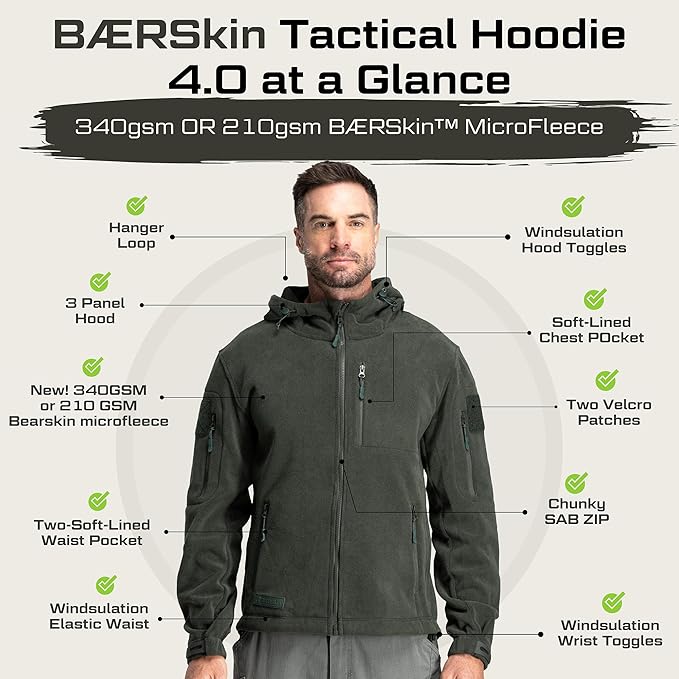 Baerskin Tactical Hoodie Jacket for Men 4.0 - Military Style Fleece Sweater for Cold, Rain, Wind or Snow