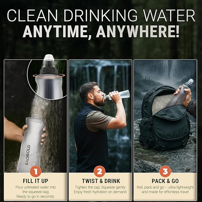 Water Filter Camping – Bachgold Squeeze Foldable Squeeze Bottle | Ultralight Backpacking Filtration for Hiking, Survival & Emergency | Dual-Stage Filtration, Swiss Design