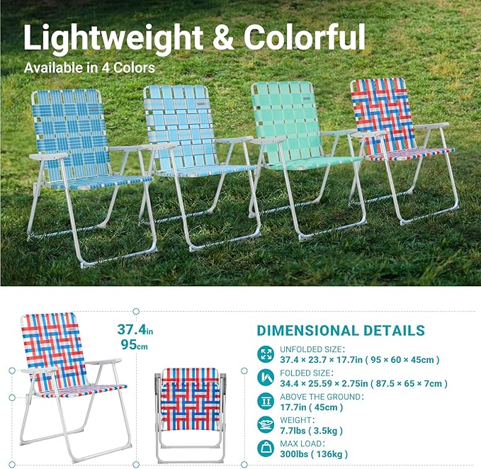 #WEJOY Folding Beach Chair for Adults, Lightweight Beach Chair with Shoulder Straps, High Back Camping Chairs with Hard Armrest, Supports 300lbs for Outdoor Lawn Concert