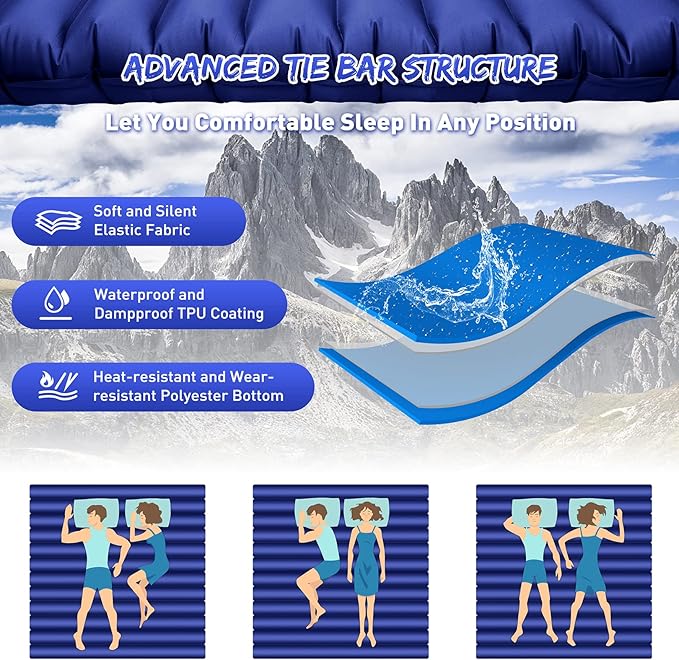 Double Camping Sleeping Pad, Ultralight Waterproof Inflatable 2-Person Sleeping Mat with Inflation Bag, Lightweight Portable Air Mattress for Outdoor Backpacking Hiking Car Traveling Tent (Navy)
