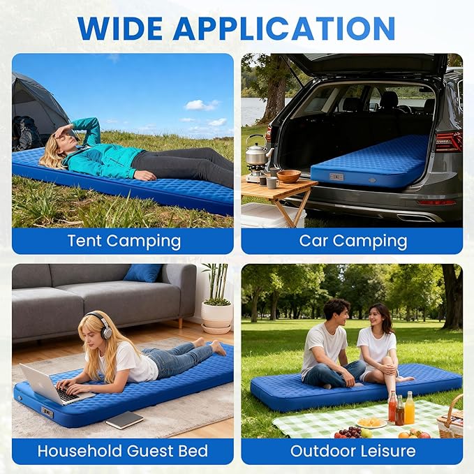 Self Inflating Sleeping Pad with Electric Pump 4 Inch Ultra Thick Memory Foam Sleeping Pad for Camping All Season Single Size Portable Automatic Inflatable Camping Mattress for Travel, Tent (Blue)