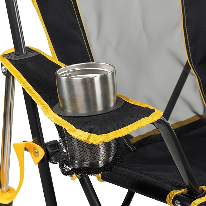 GCI Outdoor Comfort Pro Rocker Camping Chair | Portable Folding Rocking Chair with Durable Armrests & Drink Holder | Official Collegiate Licensed Sideline Sports Chair | Iowa Hawkeyes