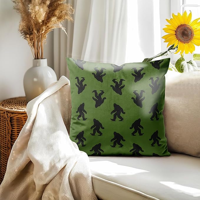 Retro Dark Green Sasquatch Pillow Covers 18x18, Big Foot Sasquatch Gifts, Gifts for Hiking Camping Lovers Decorative Pillow Covers for Home Bedroom Living Room