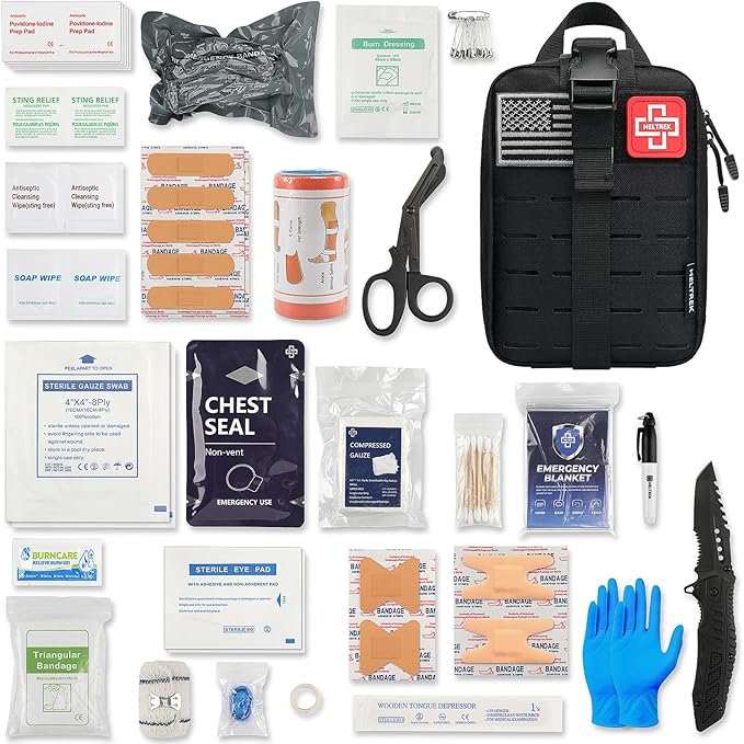 Trauma First Aid Kit, Compact Tactical IFAK Emergency Survival Kits Hemostatic Combat Wound Care Molle Pouch with Israeli Bandage, Chest Seal, Splint for Military, Black