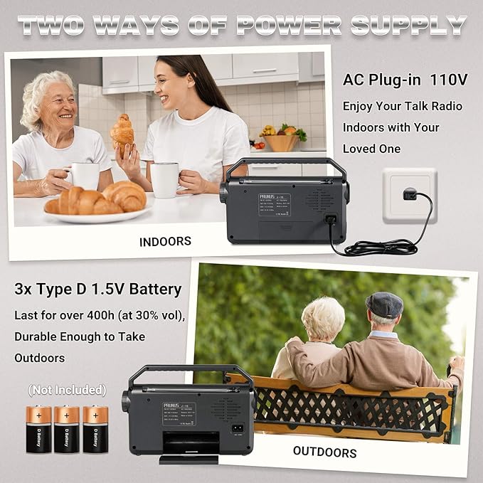 PRUNUS NOAA Weather AM FM Portable Radio,Battery Operated Radio by 3X D Cell Batteries or AC Power with Best Reception,Flashlight, Earphone Jack for Emergency Household&Outdoor,Plug in Wall by J15WB