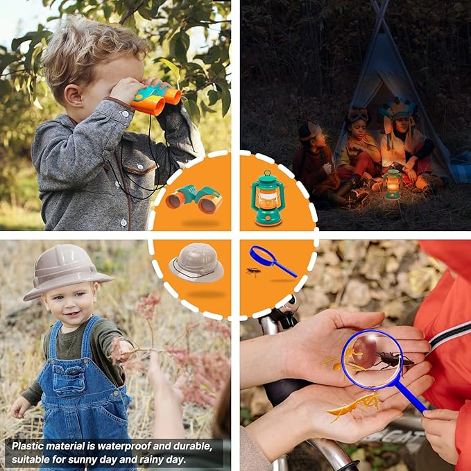 MITCIEN Camping Toys for Kids, Pretend Campfire, Lantern, Safari Hat, Binoculars, Bottle, Toy Food, S'Mores, Toddler Camping Play Set Indoor Outdoor Toys for Kids 3-5 and Up, Boys Girls Gift