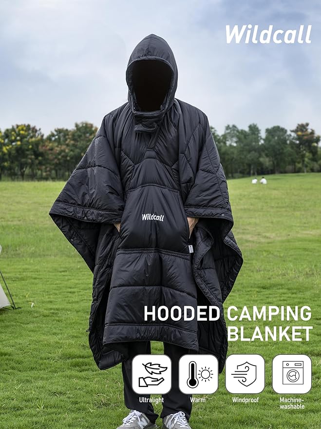 WildCall Hooded Camping Blanket with 3M Thinsulate Insulation Wearable Poncho Blanket Ultralight Foldable Quilt Sleeping Bag for Outdoor, Hiking, Stadium