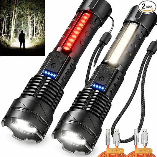 Rechargeable Flashlights 2 Pack Tactical Flashlight Set Super Bright High Lumens Flash Light 7 Modes Zoomable Linterna Waterproof EDC Pocket Lights for Emergency Camping Home & Car USB-C
