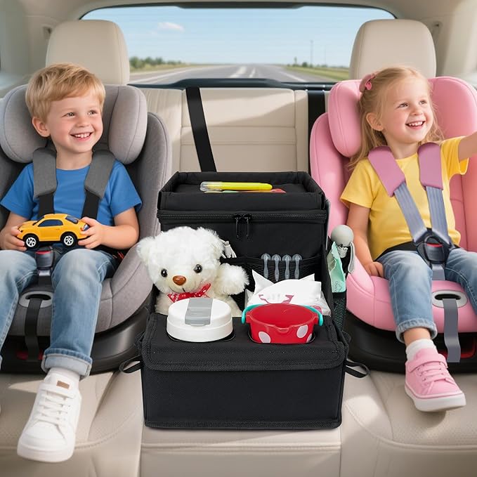 Car Organizer for Front Seat Organizer and Storage, Collapsible Car Caddy, Passenger Seat Organizer with Partitions & Cup Holders, Car Organization for kids and Adults (Black)