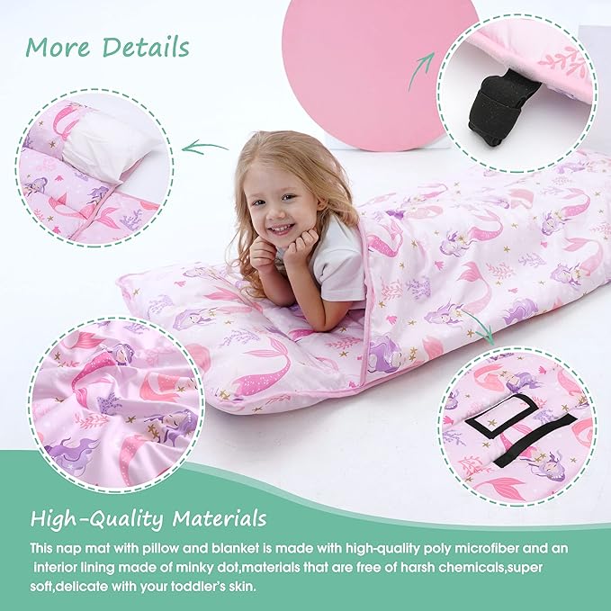 ACRABROS Toddler Nap Mat with Pillow and Blanket, Large Rolled Napping Mats,Slumber Bags for Boys Girls,Kids Sleeping Bag for Daycare, Preschool Travel