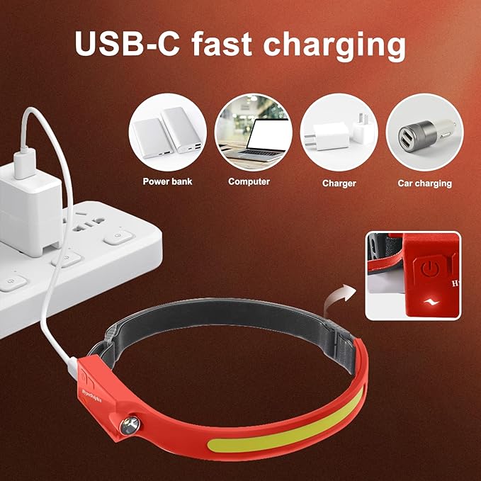 Headlamp Rechargeable LED (2-Pack, Red) 230° Wide Beam, USB-C Lightweight Head Lamp, Long Runtime, Water-Resistant for Camping, Hiking, Running, Fishing, Repair Work