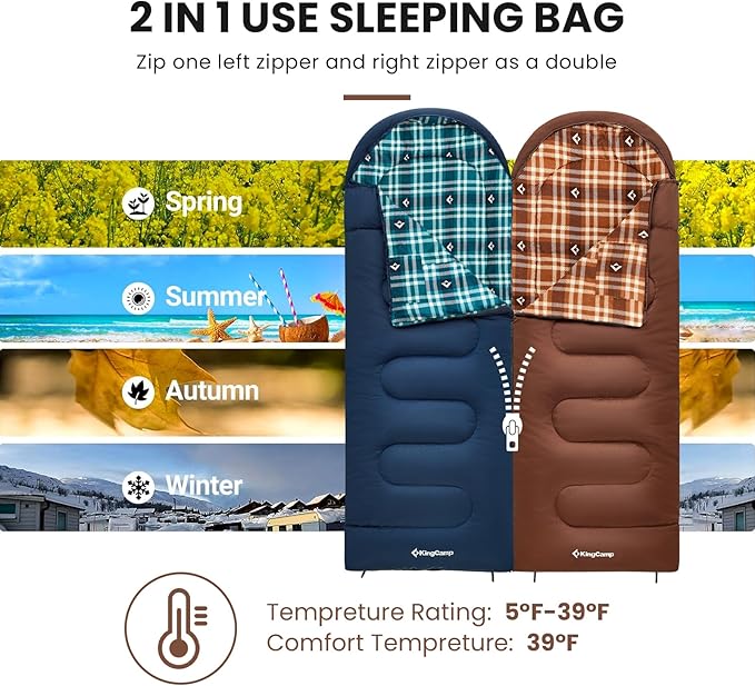KingCamp Cotton Flannel Sleeping Bag, 90x35 Sleeping Bags for Adults Cold Weather, Big and Tall, Zip Together for 2P Sleeping Bag for 4 Season, Lightweight, Water Resistant for Camping Backpacking
