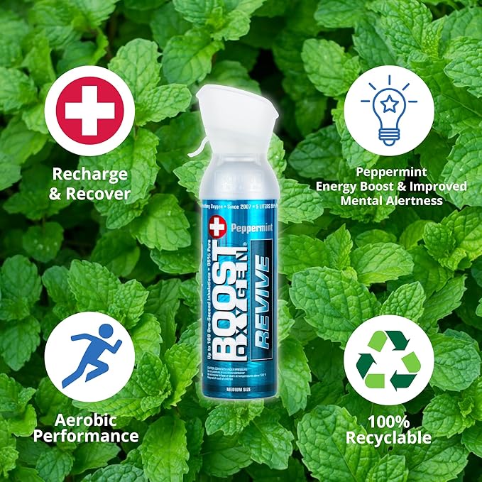 Boost Oxygen Medium Revive Peppermint Aroma 5L Canister | Respiratory Support for Aerobic Recovery, Altitude, Performance & Health (4 Pack)