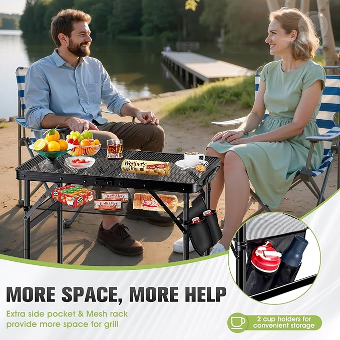 Ciavca Upgraded Folding Grill Table - Metal Portable Camping Table, 3 Height Adjustable Max 28", Lightweight Foldable for Outside BBQ 24"x15.8"