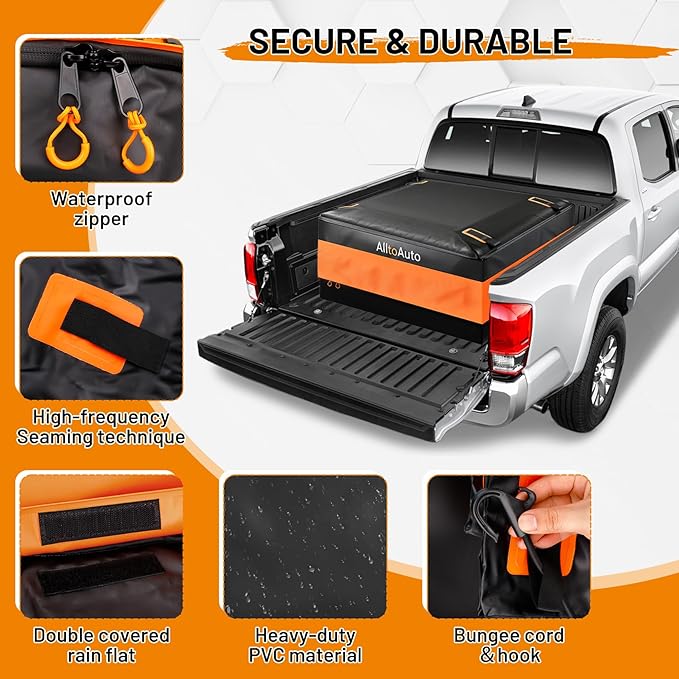 [High Visibility] Waterproof AlltoAuto Truck Bed Bag with Orange Safety Trim, 26 CuFt Heavy Duty Cargo Carrier for Pickup Truck, Weatherproof Storage Bag for Camping & Road Trips