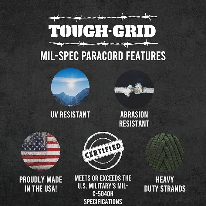 TOUGH-GRID 750 Paracord Military Grade Nylon Rope - Type IV Mil-Spec Made in USA - Tactical Survival Cord