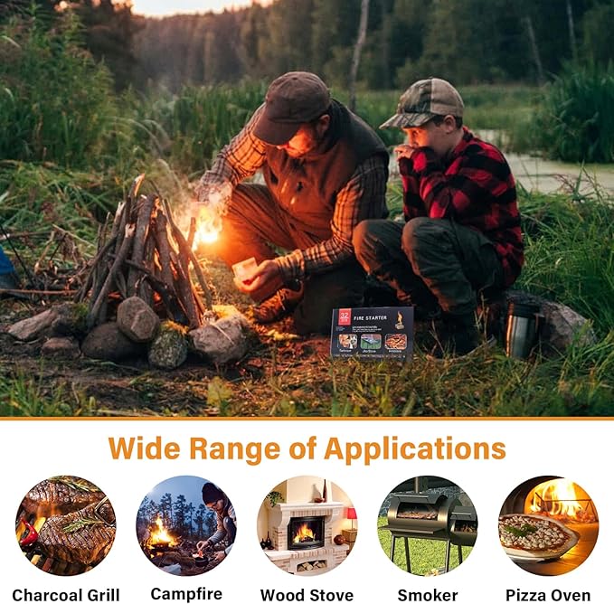 HGD Larger 32pcs Fire Starter, Natural Fire Starters for BBQ, Campfire, Fireplace, Charcoal, Wood Stove, Chimney, Fire Pit, Grill, Smoker, Indoor Outdoor Use