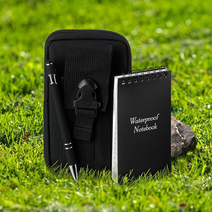 Eaasty Waterproof Notebook and Pen Set 3 x 5 Inch Pocket Tactical Notebook with 1 Metal Weatherproof Pen and 1 Fabric Cover for Outdoor Activities Recording(Black,5 Pcs)
